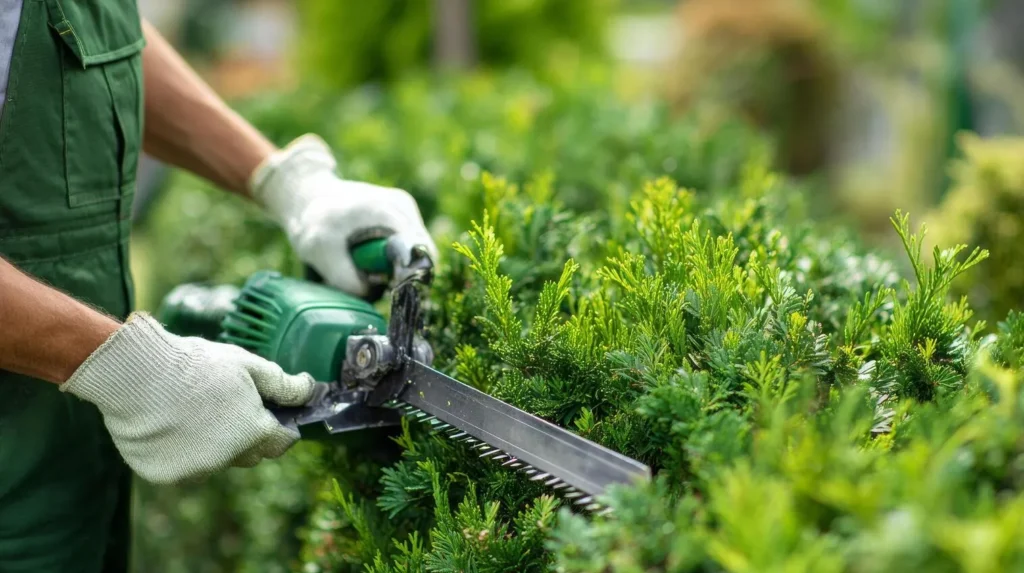 Worker from AAA Tree Experts trimming hedges using chainsaw during property maintenance