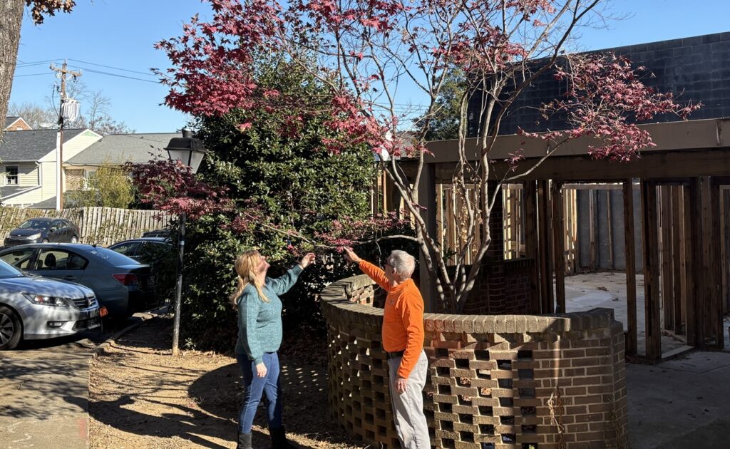 Arborist from AAA Tree Experts explaining tree care plan to homeowner on residential property