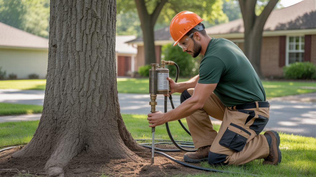 Professional arborist from AAA Tree Experts performing safe tree cutting using proper safety gear