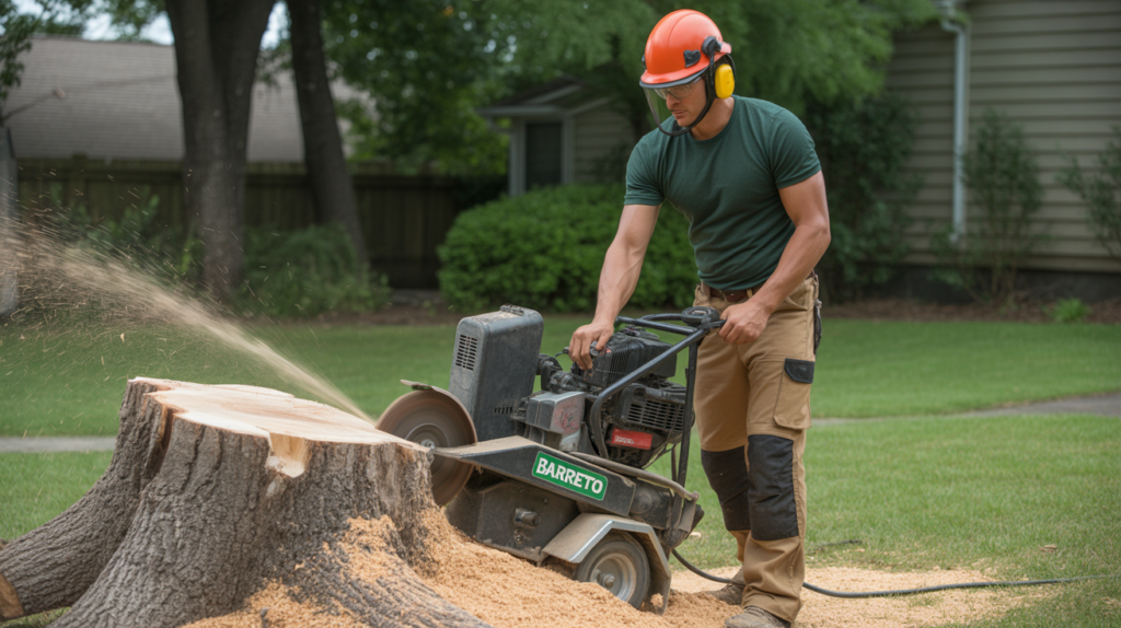 Arborist from AAA Tree Experts performing controlled tree cutting using safety equipment