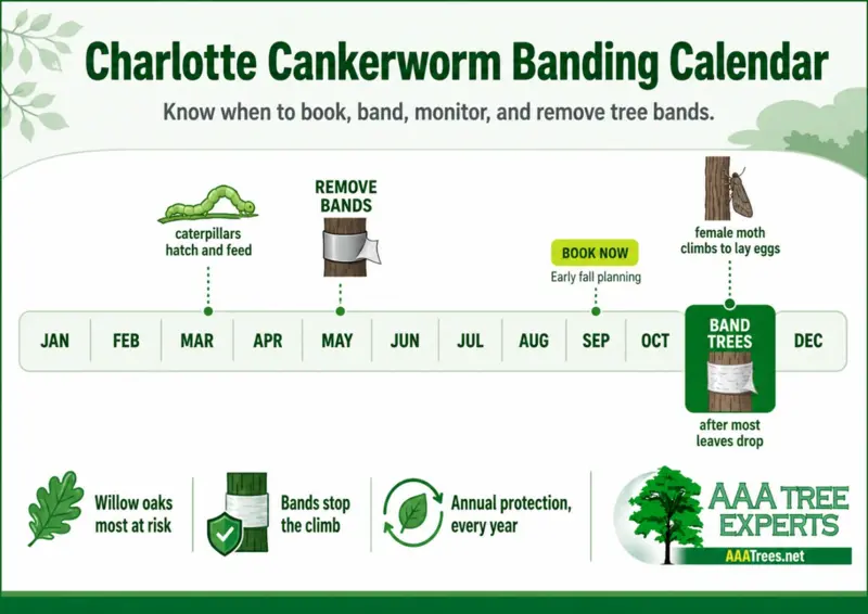Cankerworm banding calendar showing when to band trees monitor caterpillars and remove tree bands each season | AAA Tree Experts
