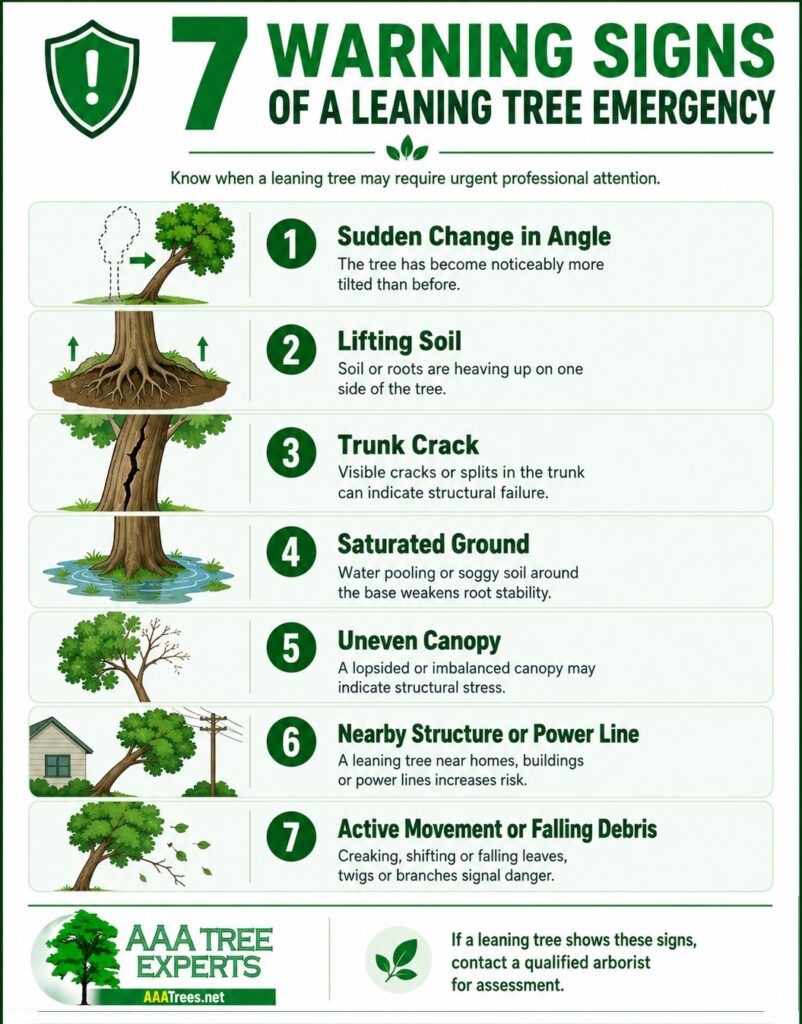 AAA Tree Experts infographic showing seven warning signs of a leaning tree emergency in Charlotte NC