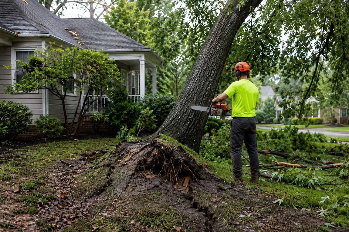 AAA Tree Experts worker prepares to remove a storm-damaged leaning tree beside a home in Charlotte, NC