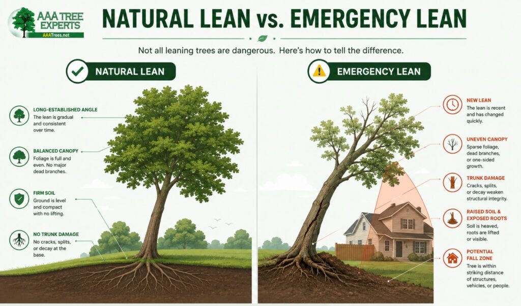 AAA Tree Experts infographic comparing natural and emergency tree lean warning signs in Charlotte NC